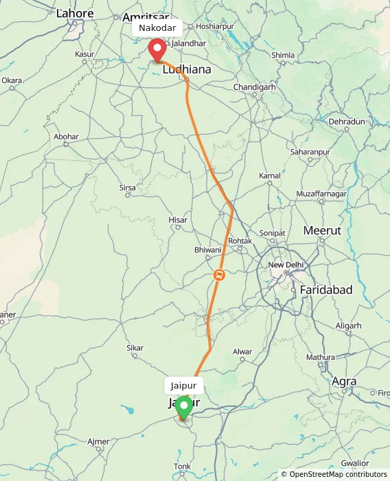 Route map showing distance and travel time from Jaipur, India to Nakodar, India