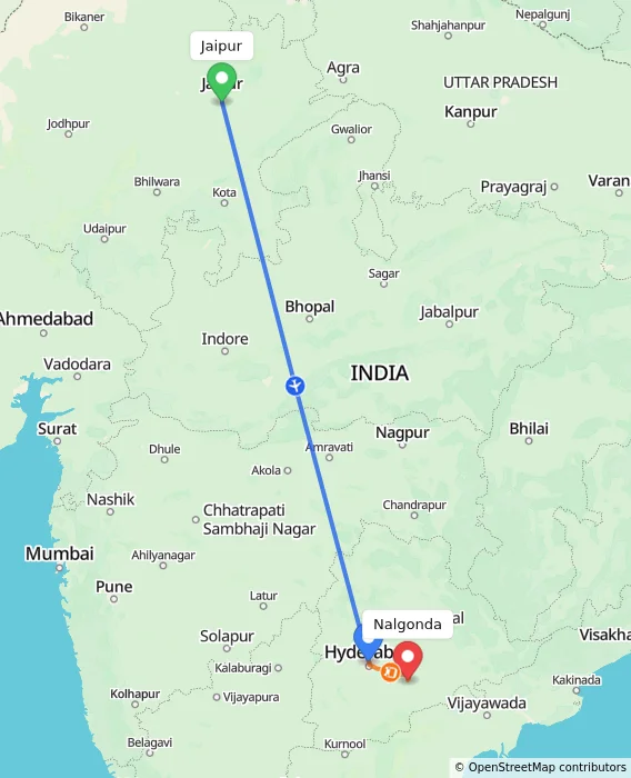Route map showing distance and travel time from Jaipur, India to Nalgonda, India