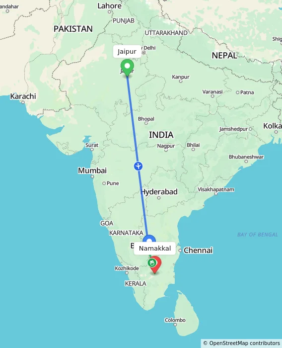 Route map showing distance and travel time from Jaipur, India to Namakkal, India