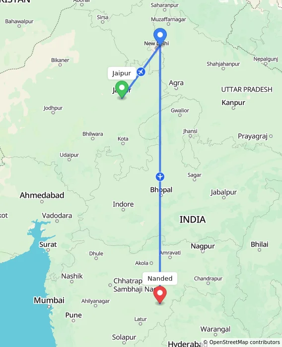 Route map showing distance and travel time from Jaipur, India to Nanded, India