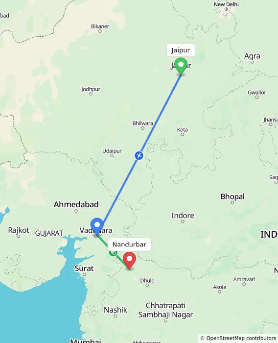 Route map showing distance and travel time from Jaipur, India to Nandurbar, India