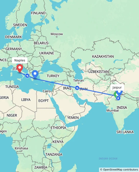 Route map showing distance and travel time from Jaipur, India to Naples, Italy