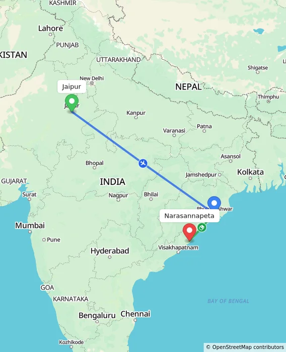 Route map showing distance and travel time from Jaipur, India to Narasannapeta, India