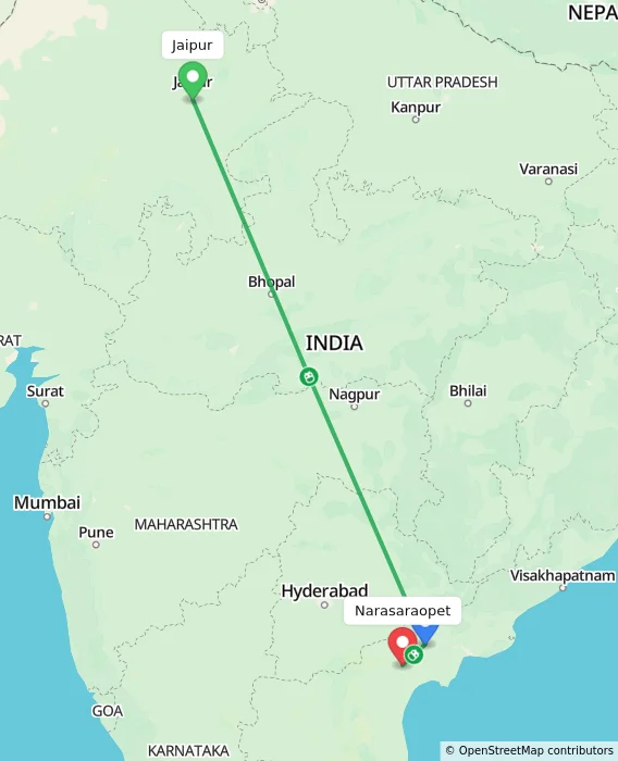 Route map showing distance and travel time from Jaipur, India to Narasaraopet, India