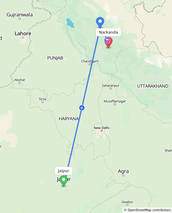 Route map showing distance and travel time from Jaipur, India to Narkanda, India