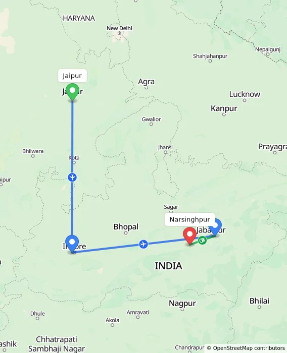 Route map showing distance and travel time from Jaipur, India to Narsinghpur, India