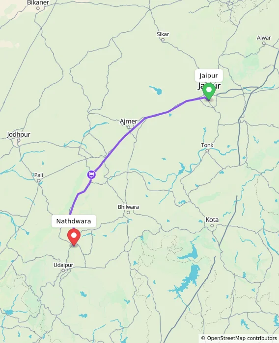 Route map showing distance and travel time from Jaipur, India to Nathdwara, India