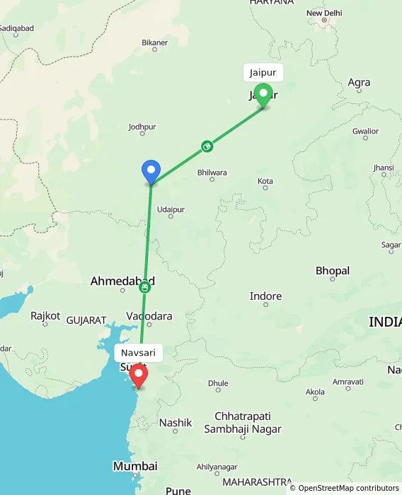 Route map showing distance and travel time from Jaipur, India to Navsari, India