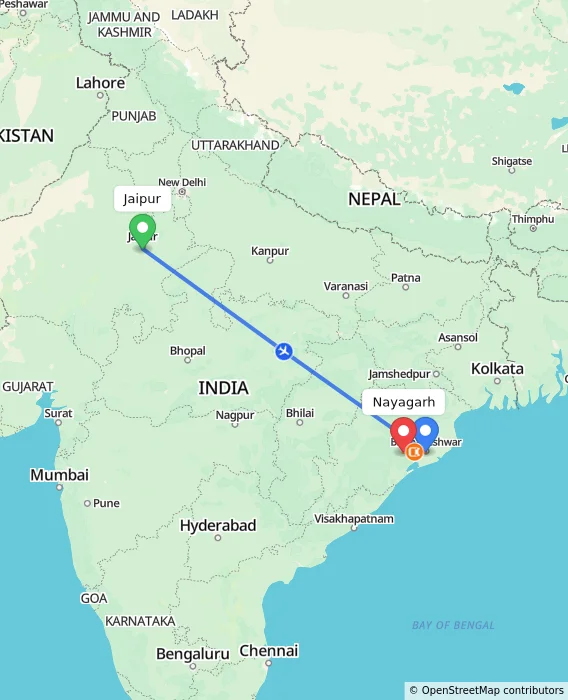 Route map showing distance and travel time from Jaipur, India to Nayagarh, India