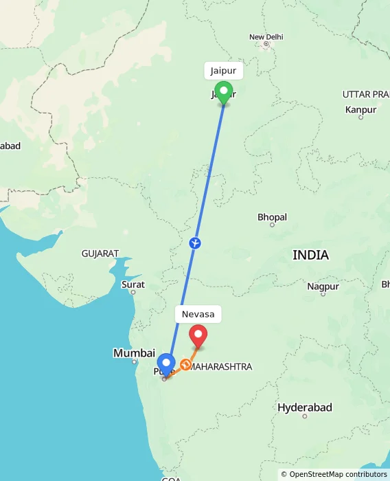 Route map showing distance and travel time from Jaipur, India to Nevasa, India