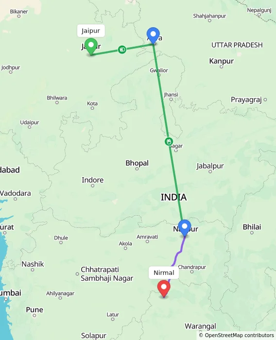 Route map showing distance and travel time from Jaipur, India to Nirmal, India
