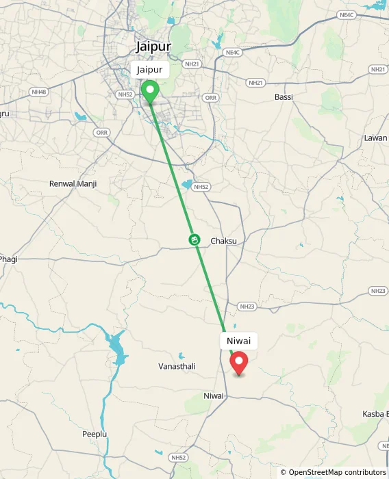 Route map showing distance and travel time from Jaipur, India to Niwai, India