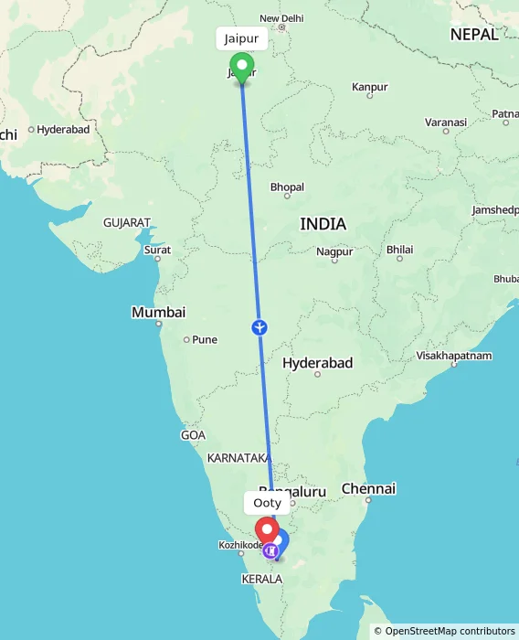 Route map showing distance and travel time from Jaipur, India to Ooty, India