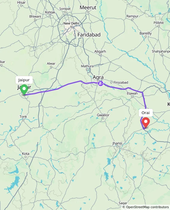 Route map showing distance and travel time from Jaipur, India to Orai, India