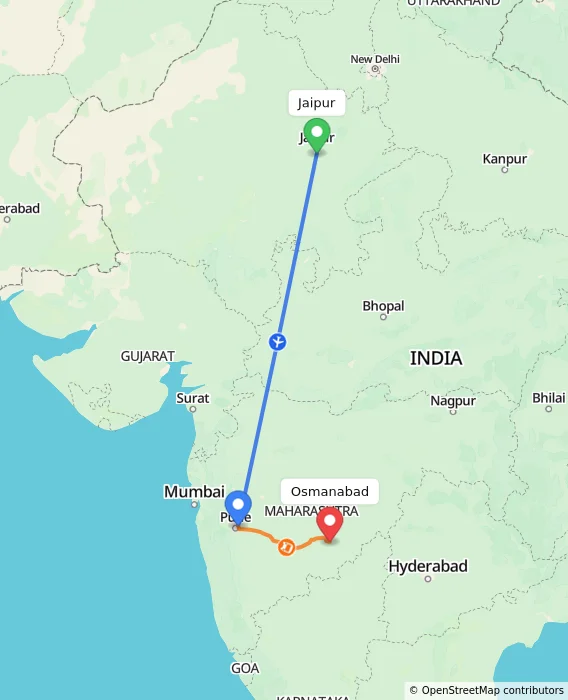 Route map showing distance and travel time from Jaipur, India to Osmanabad, India