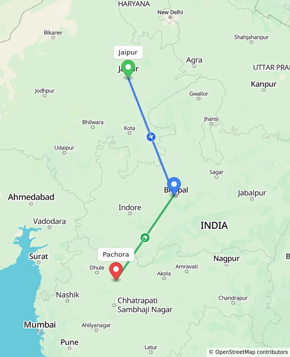 Route map showing distance and travel time from Jaipur, India to Pachora, India