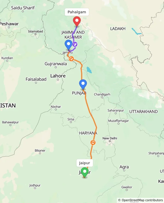 Route map showing distance and travel time from Jaipur, India to Pahalgam, India