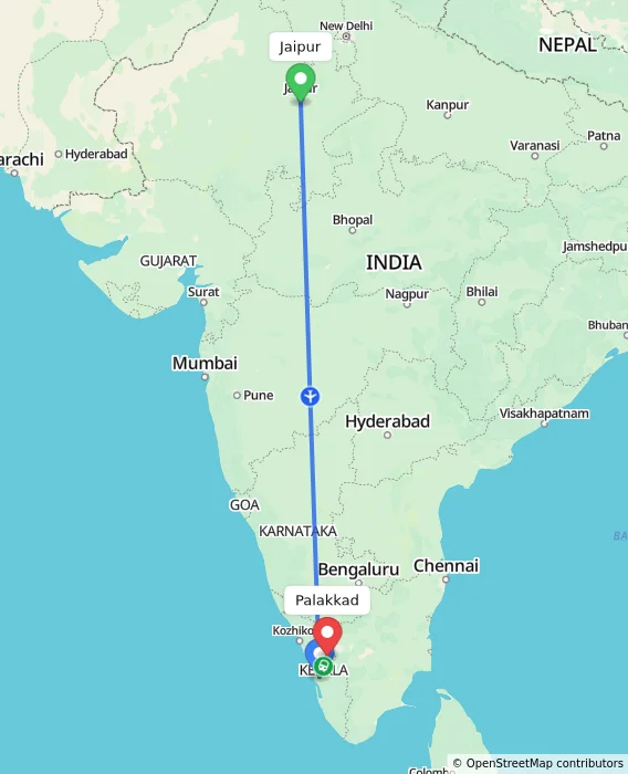 Route map showing distance and travel time from Jaipur, India to Palakkad, India