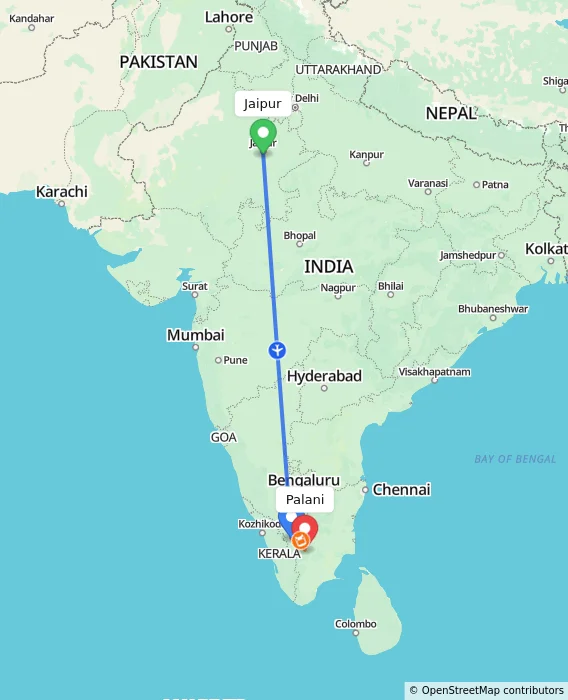 Route map showing distance and travel time from Jaipur, India to Palani, India