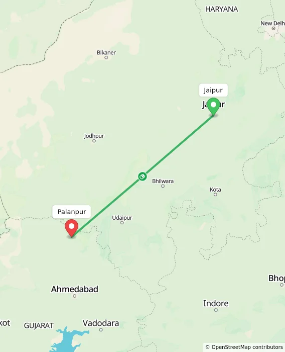 Route map showing distance and travel time from Jaipur, India to Palanpur, India