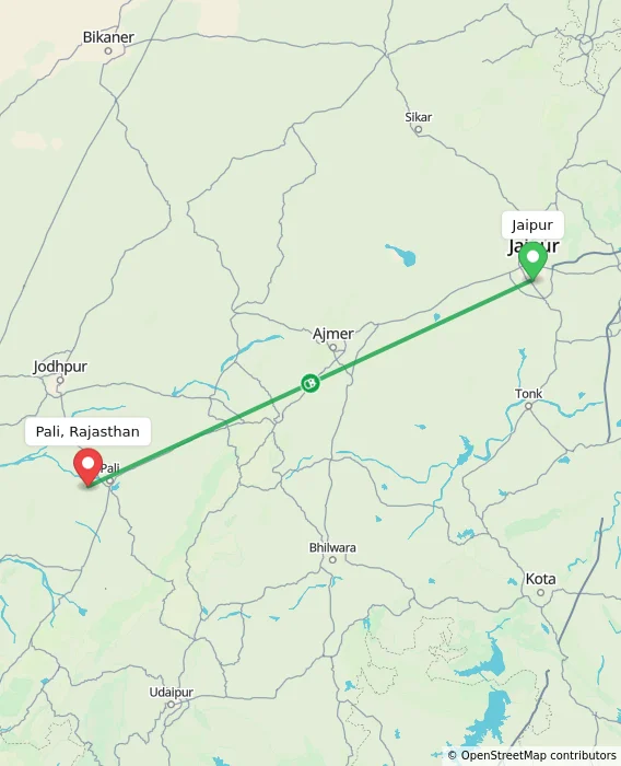 Route map showing distance and travel time from Jaipur, India to Pali, Rajasthan, India