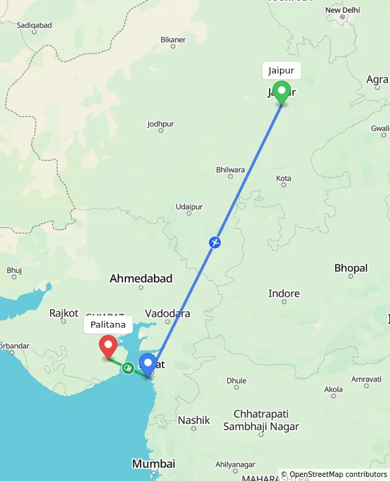 Route map showing distance and travel time from Jaipur, India to Palitana, India