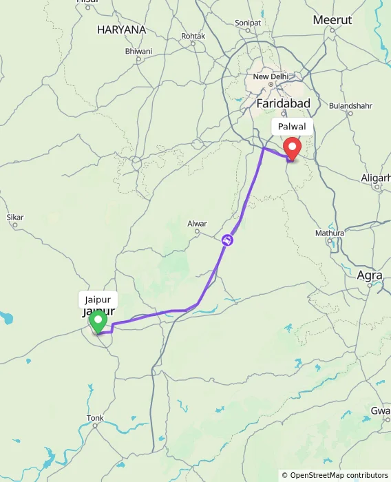 Route map showing distance and travel time from Jaipur, India to Palwal, India