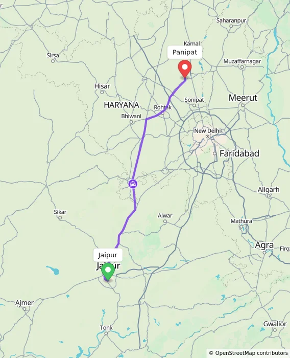 Route map showing distance and travel time from Jaipur, India to Panipat, India