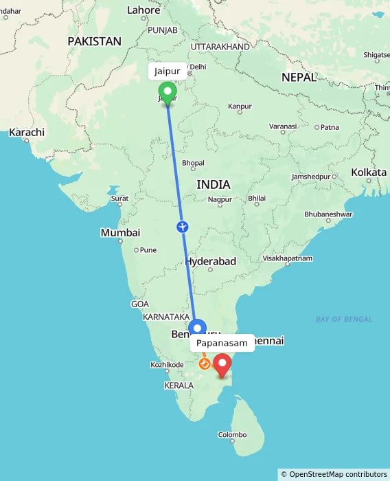 Route map showing distance and travel time from Jaipur, India to Papanasam, India