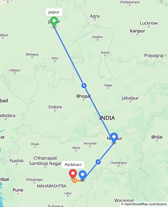Route map showing distance and travel time from Jaipur, India to Parbhani, India