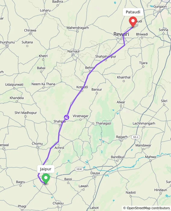 Route map showing distance and travel time from Jaipur, India to Pataudi, India