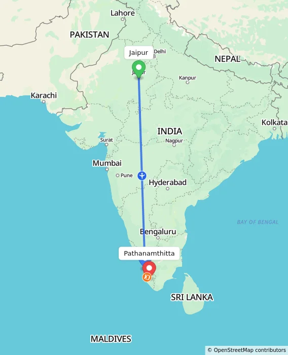 Route map showing distance and travel time from Jaipur, India to Pathanamthitta, India