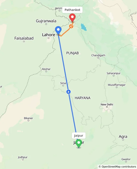 Route map showing distance and travel time from Jaipur, India to Pathankot, India