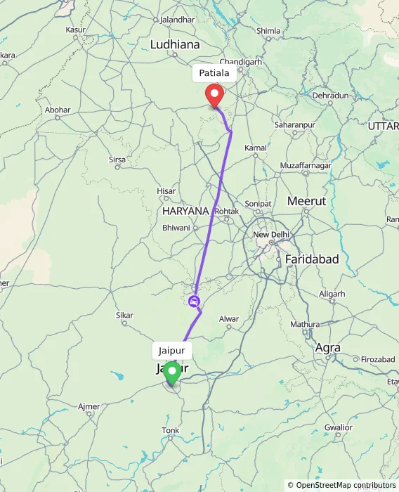 Route map showing distance and travel time from Jaipur, India to Patiala, India