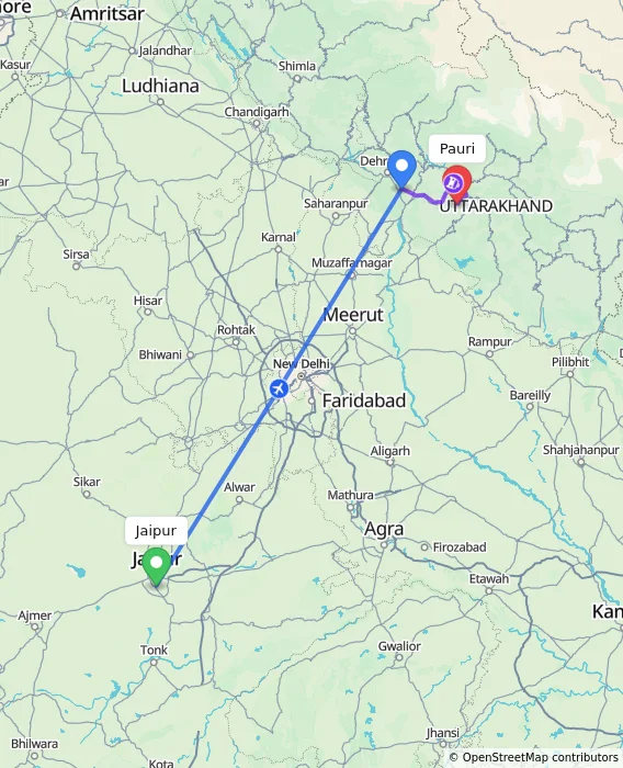 Route map showing distance and travel time from Jaipur, India to Pauri, India