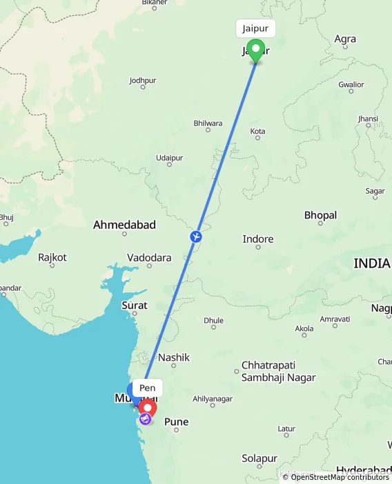 Route map showing distance and travel time from Jaipur, India to Pen, India