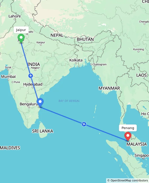 Route map showing distance and travel time from Jaipur, India to Penang, Malaysia
