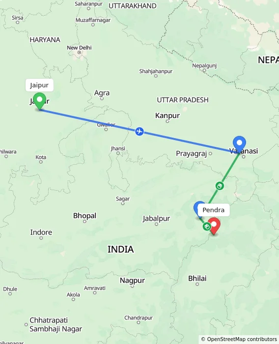 Route map showing distance and travel time from Jaipur, India to Pendra, India