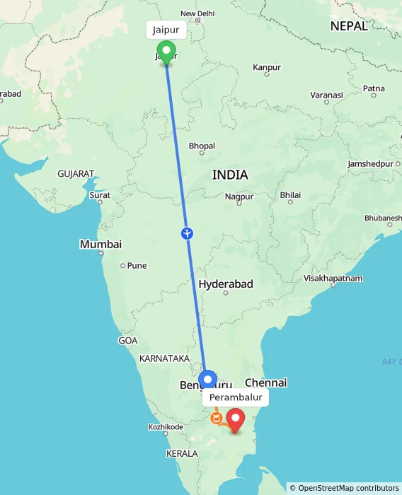 Route map showing distance and travel time from Jaipur, India to Perambalur, India