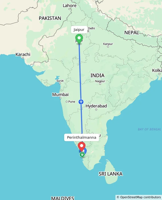 Route map showing distance and travel time from Jaipur, India to Perinthalmanna, India