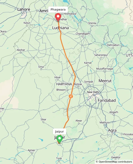 Route map showing distance and travel time from Jaipur, India to Phagwara, India