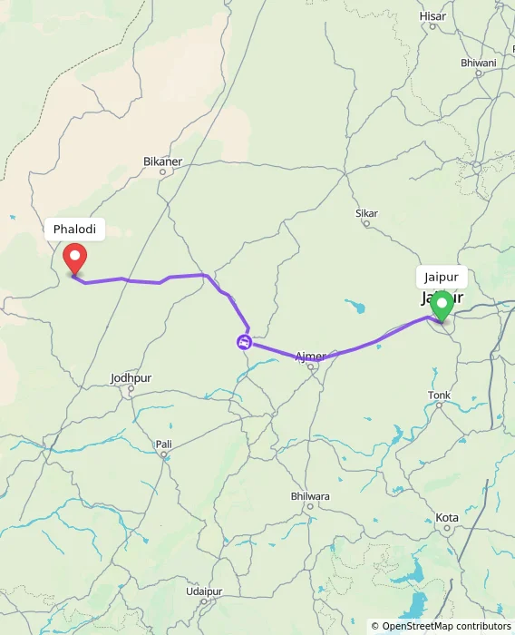 Route map showing distance and travel time from Jaipur, India to Phalodi, India