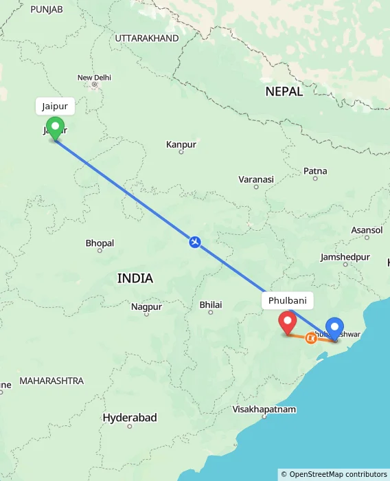 Route map showing distance and travel time from Jaipur, India to Phulbani, India