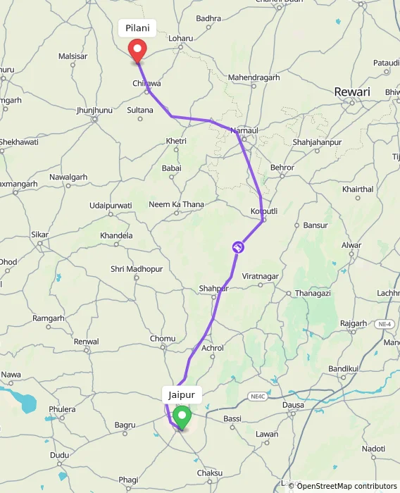 Route map showing distance and travel time from Jaipur, India to Pilani, India