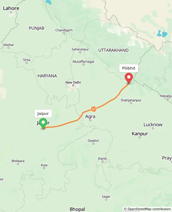 Route map showing distance and travel time from Jaipur, India to Pilibhit, India