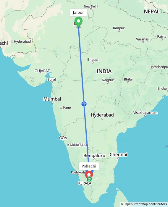 Route map showing distance and travel time from Jaipur, India to Pollachi, India
