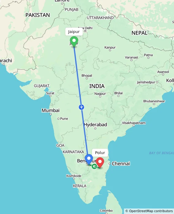 Route map showing distance and travel time from Jaipur, India to Polur, India