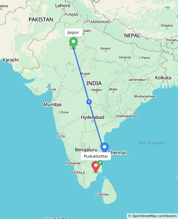 Route map showing distance and travel time from Jaipur, India to Pudukkottai, India