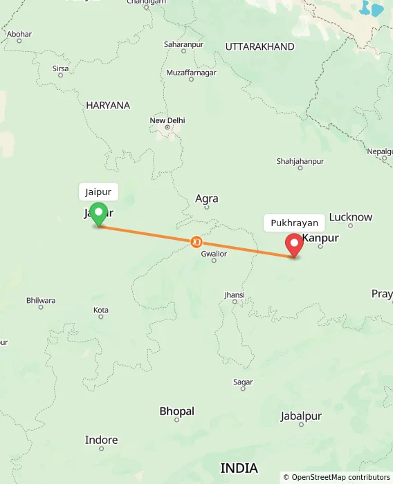 Route map showing distance and travel time from Jaipur, India to Pukhrayan, India