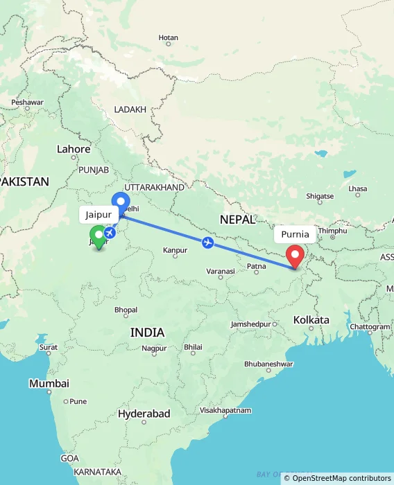 Route map showing distance and travel time from Jaipur, India to Purnia, India
